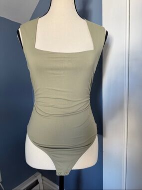Sleeveless Square Neck Ruched Bodysuit in Sage Green